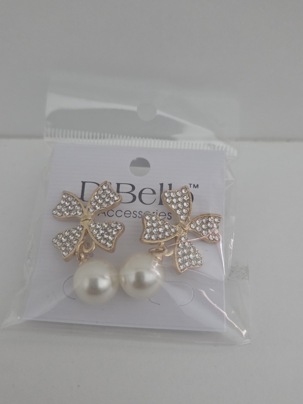 D' Bello Gold Bow Pearl Drop Earrings - White Pearls